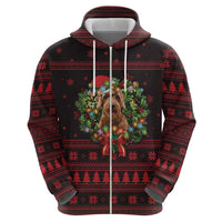 Wreath and Santa Dog in Red Zip Hoodie with Black Holiday Pattern Design - Wonder Print Shop