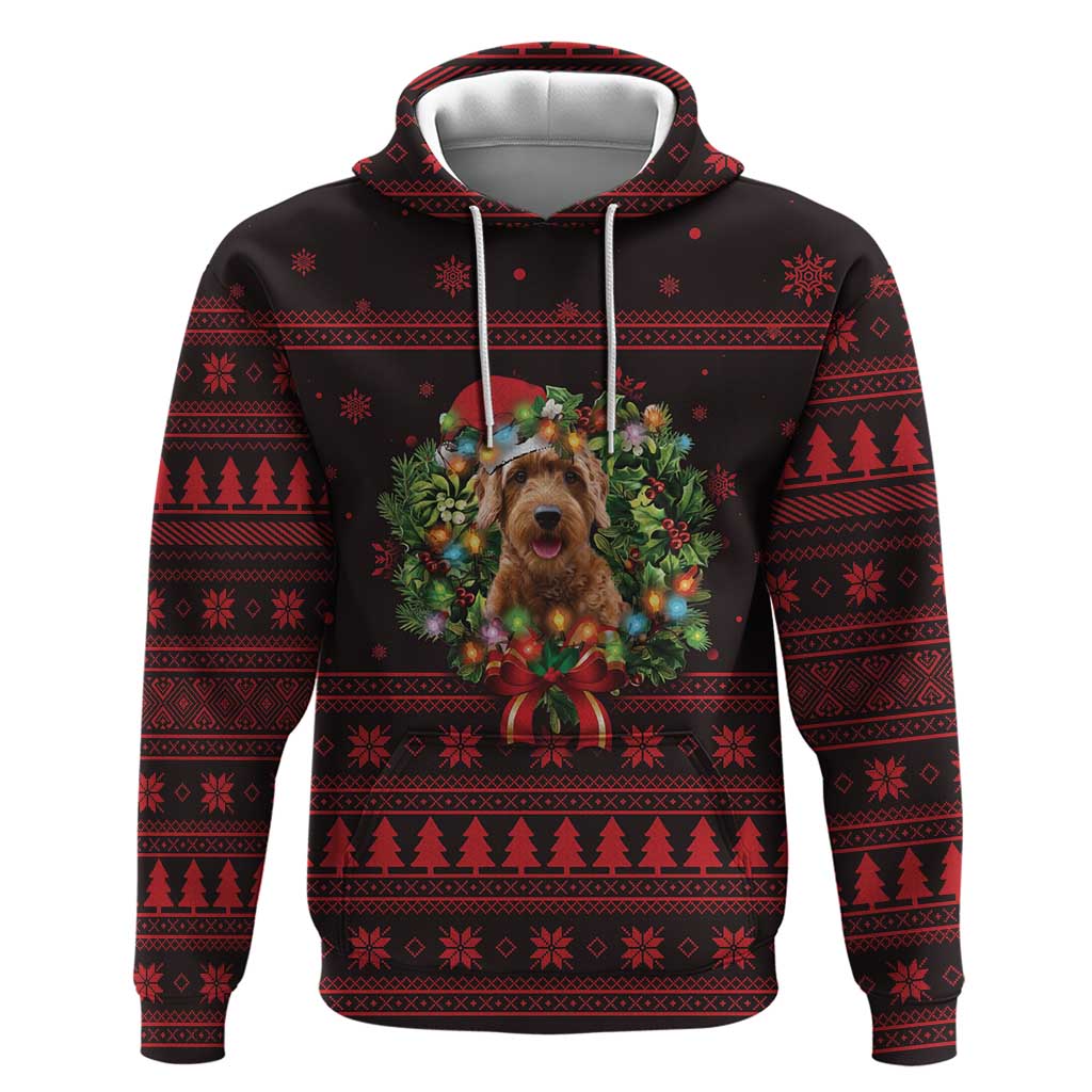 Wreath and Santa Dog in Red Zip Hoodie with Black Holiday Pattern Design - Wonder Print Shop