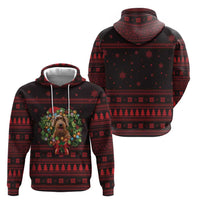 Wreath and Santa Dog in Red Zip Hoodie with Black Holiday Pattern Design - Wonder Print Shop