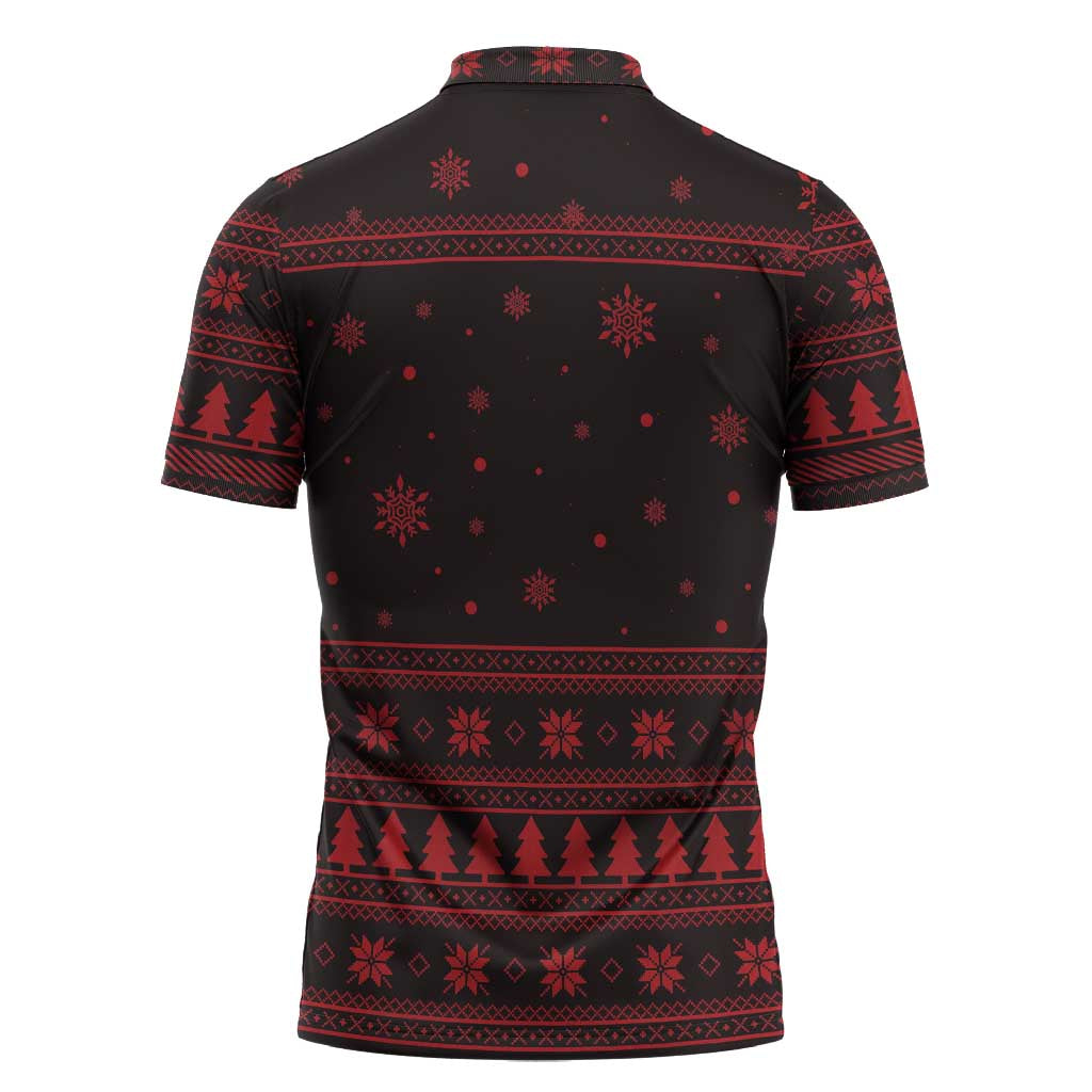 Wreath and Santa Dog in Red Zipper Polo Shirt with Black Holiday Pattern Design - Wonder Print Shop