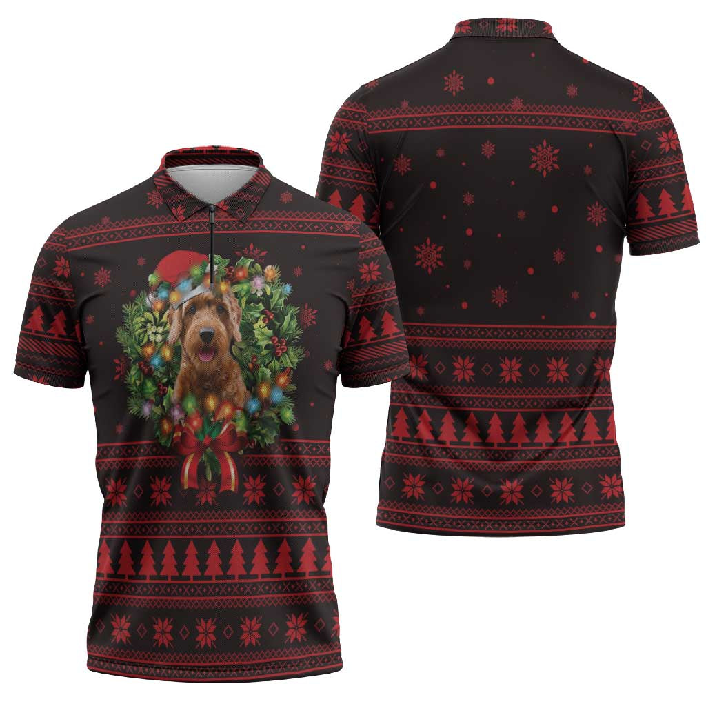 Wreath and Santa Dog in Red Zipper Polo Shirt with Black Holiday Pattern Design - Wonder Print Shop