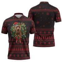 Wreath and Santa Dog in Red Zipper Polo Shirt with Black Holiday Pattern Design - Wonder Print Shop