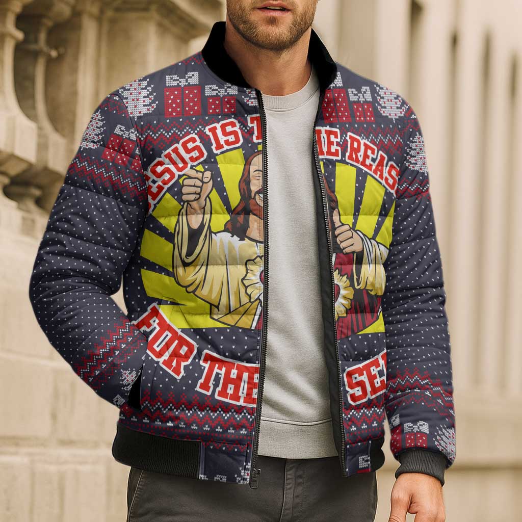 Jesus Is The Reason For The Season Christmas Bomber Puffer Jacket Funny Xmas Holiday Patterns - Wonder Print Shop