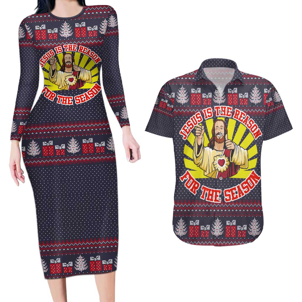 Jesus Is The Reason For The Season Christmas Couples Matching Long Sleeve Bodycon Dress and Hawaiian Shirt Funny Xmas Holiday Patterns - Wonder Print Shop