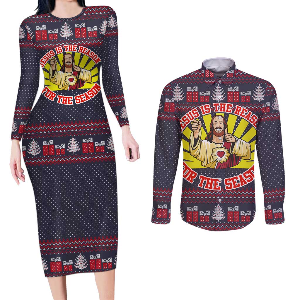 Jesus Is The Reason For The Season Christmas Couples Matching Long Sleeve Bodycon Dress and Long Sleeve Button Shirt Funny Xmas Holiday Patterns - Wonder Print Shop
