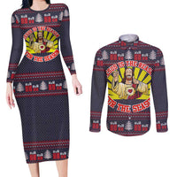 Jesus Is The Reason For The Season Christmas Couples Matching Long Sleeve Bodycon Dress and Long Sleeve Button Shirt Funny Xmas Holiday Patterns - Wonder Print Shop