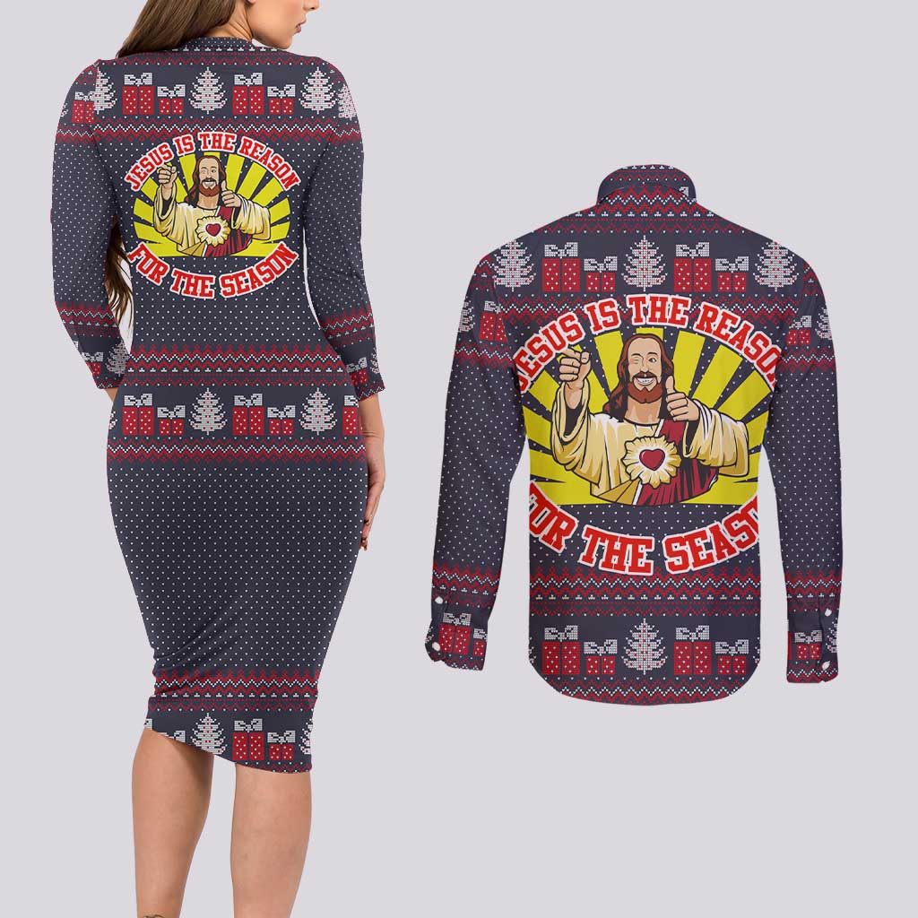 Jesus Is The Reason For The Season Christmas Couples Matching Long Sleeve Bodycon Dress and Long Sleeve Button Shirt Funny Xmas Holiday Patterns - Wonder Print Shop