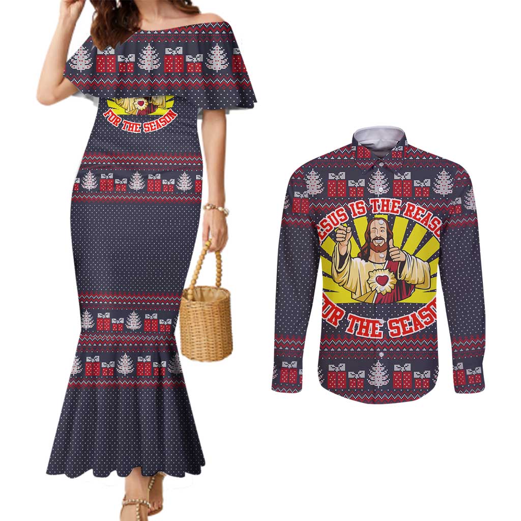Jesus Is The Reason For The Season Christmas Couples Matching Mermaid Dress and Long Sleeve Button Shirt Funny Xmas Holiday Patterns - Wonder Print Shop