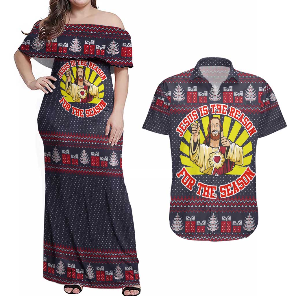 Jesus Is The Reason For The Season Christmas Couples Matching Off Shoulder Maxi Dress and Hawaiian Shirt Funny Xmas Holiday Patterns - Wonder Print Shop