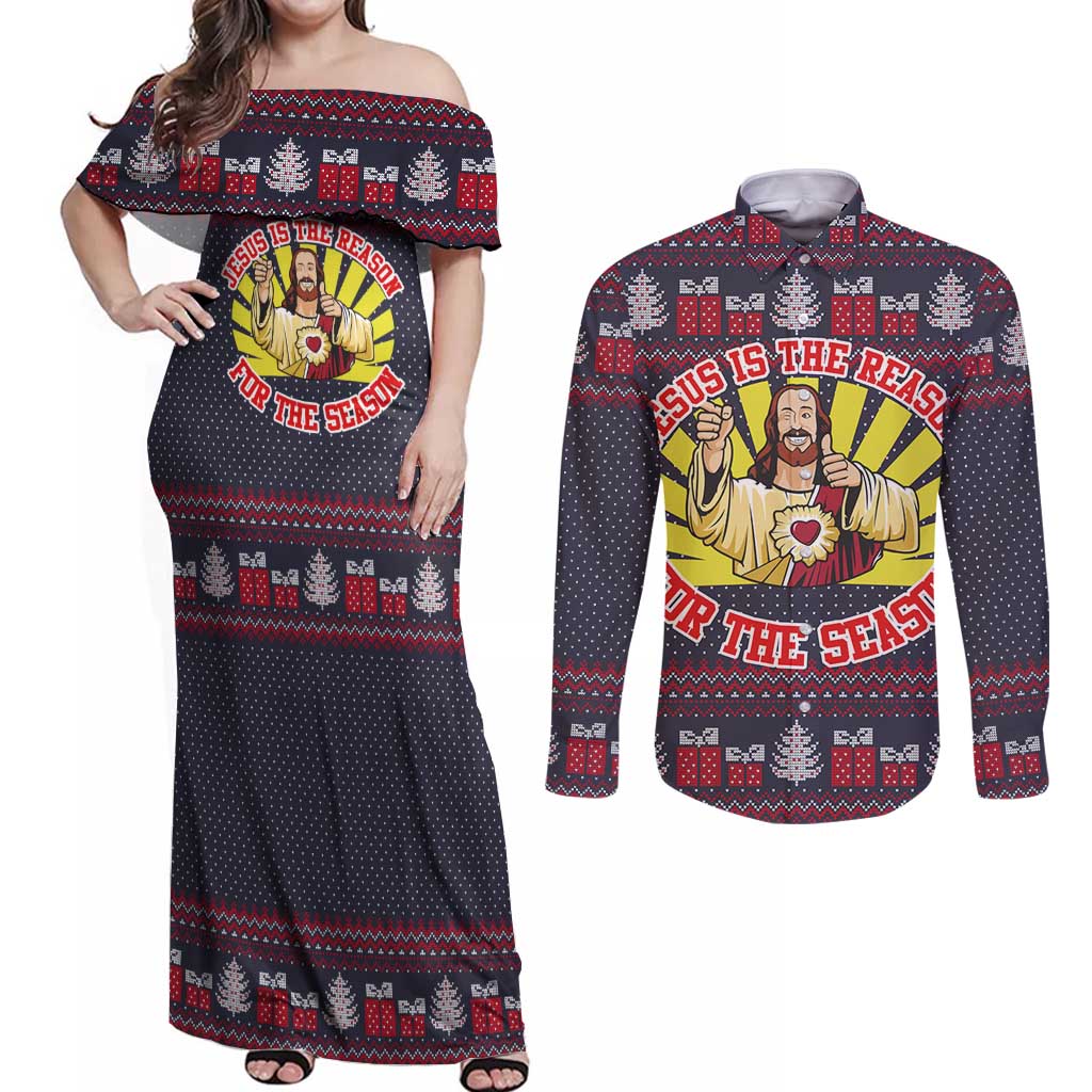 Jesus Is The Reason For The Season Christmas Couples Matching Off Shoulder Maxi Dress and Long Sleeve Button Shirt Funny Xmas Holiday Patterns - Wonder Print Shop