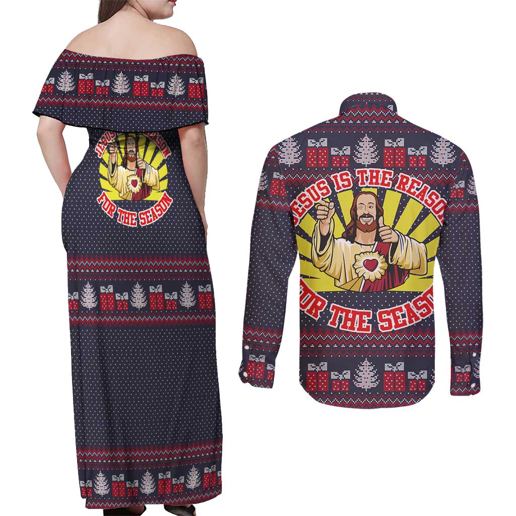 Jesus Is The Reason For The Season Christmas Couples Matching Off Shoulder Maxi Dress and Long Sleeve Button Shirt Funny Xmas Holiday Patterns - Wonder Print Shop