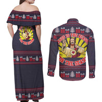 Jesus Is The Reason For The Season Christmas Couples Matching Off Shoulder Maxi Dress and Long Sleeve Button Shirt Funny Xmas Holiday Patterns - Wonder Print Shop