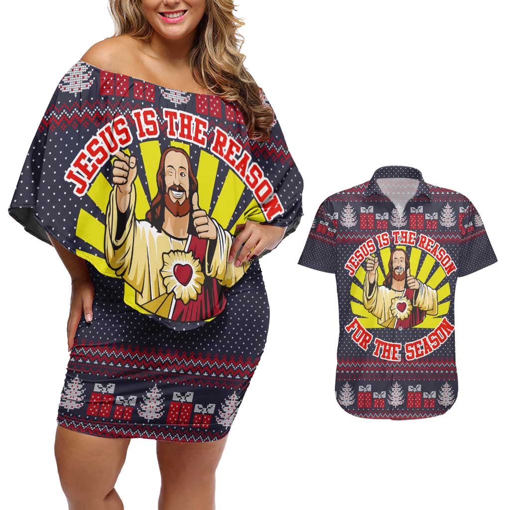 Jesus Is The Reason For The Season Christmas Couples Matching Off Shoulder Short Dress and Hawaiian Shirt Funny Xmas Holiday Patterns - Wonder Print Shop