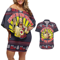 Jesus Is The Reason For The Season Christmas Couples Matching Off Shoulder Short Dress and Hawaiian Shirt Funny Xmas Holiday Patterns - Wonder Print Shop