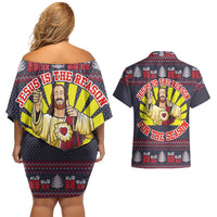 Jesus Is The Reason For The Season Christmas Couples Matching Off Shoulder Short Dress and Hawaiian Shirt Funny Xmas Holiday Patterns - Wonder Print Shop