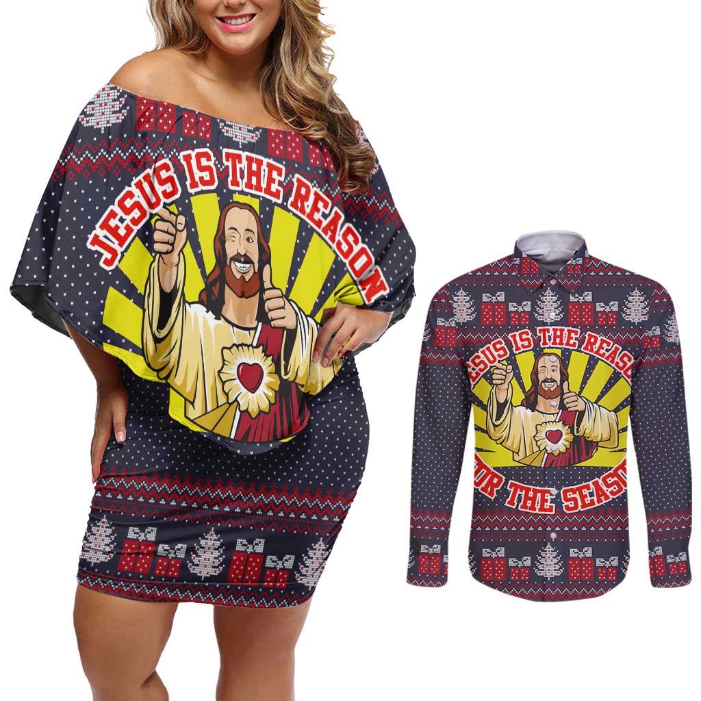 Jesus Is The Reason For The Season Christmas Couples Matching Off Shoulder Short Dress and Long Sleeve Button Shirt Funny Xmas Holiday Patterns - Wonder Print Shop