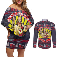 Jesus Is The Reason For The Season Christmas Couples Matching Off Shoulder Short Dress and Long Sleeve Button Shirt Funny Xmas Holiday Patterns - Wonder Print Shop