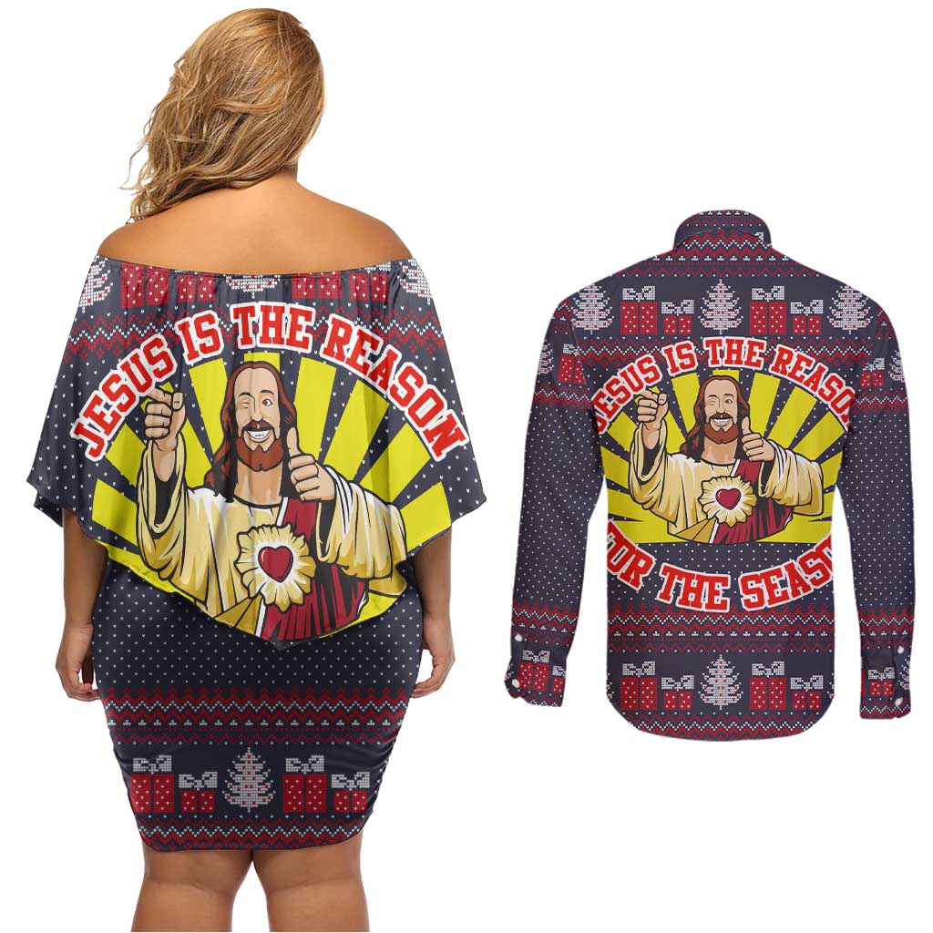 Jesus Is The Reason For The Season Christmas Couples Matching Off Shoulder Short Dress and Long Sleeve Button Shirt Funny Xmas Holiday Patterns - Wonder Print Shop