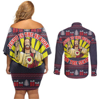 Jesus Is The Reason For The Season Christmas Couples Matching Off Shoulder Short Dress and Long Sleeve Button Shirt Funny Xmas Holiday Patterns - Wonder Print Shop