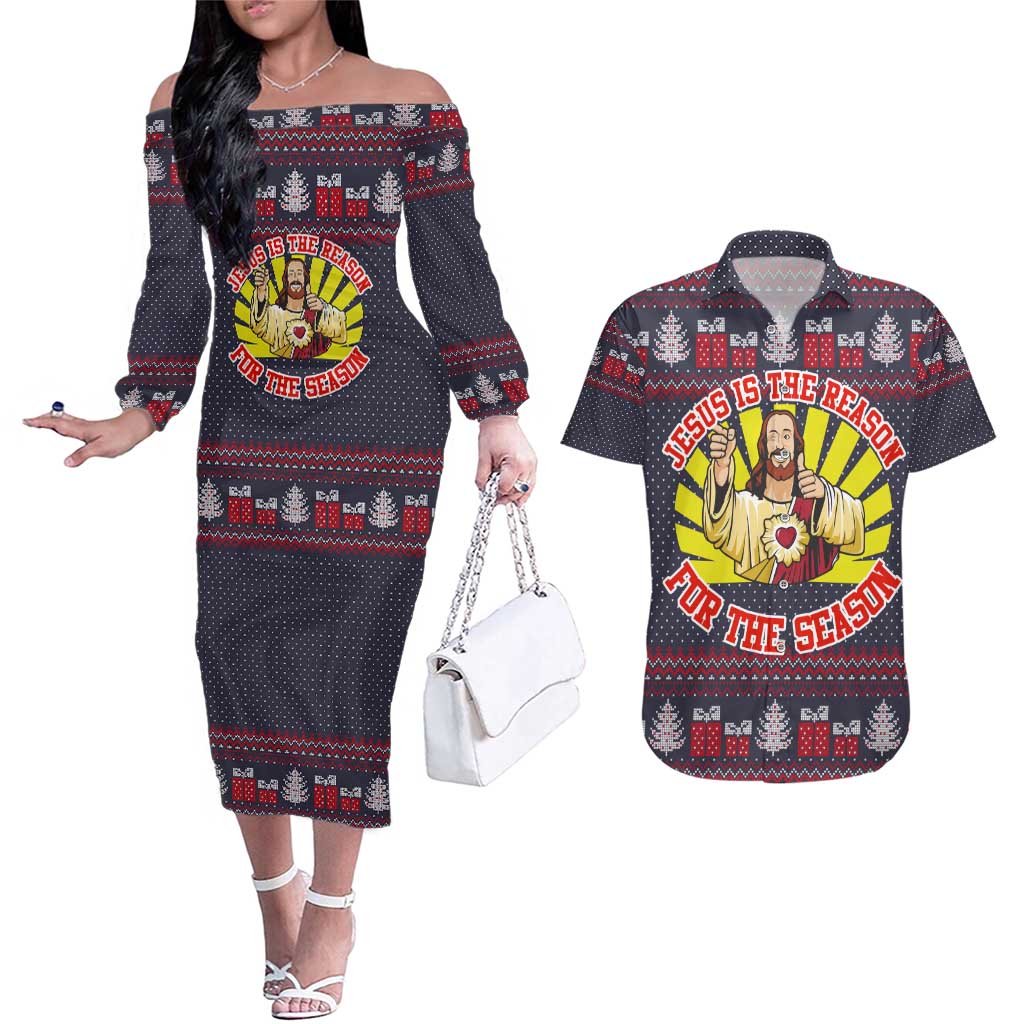 Jesus Is The Reason For The Season Christmas Couples Matching Off The Shoulder Long Sleeve Dress and Hawaiian Shirt Funny Xmas Holiday Patterns - Wonder Print Shop