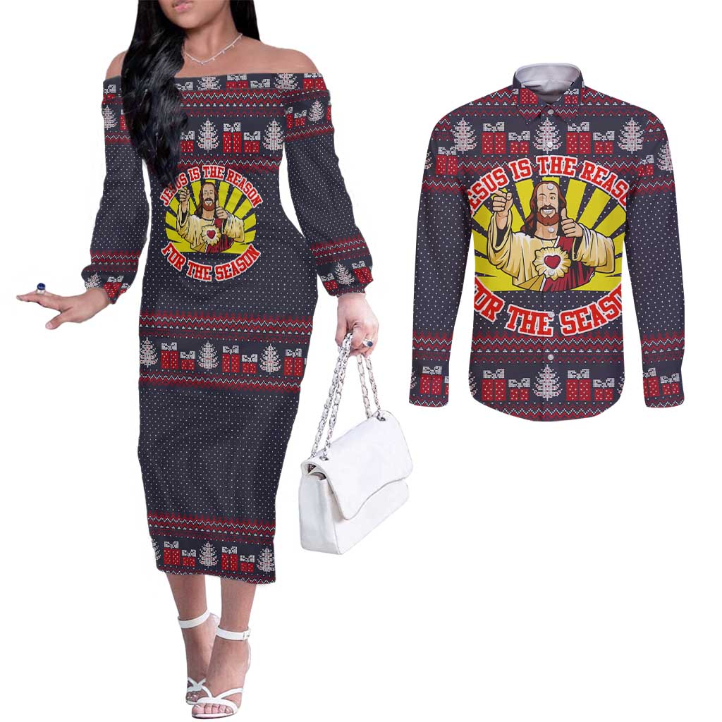 Jesus Is The Reason For The Season Christmas Couples Matching Off The Shoulder Long Sleeve Dress and Long Sleeve Button Shirt Funny Xmas Holiday Patterns - Wonder Print Shop