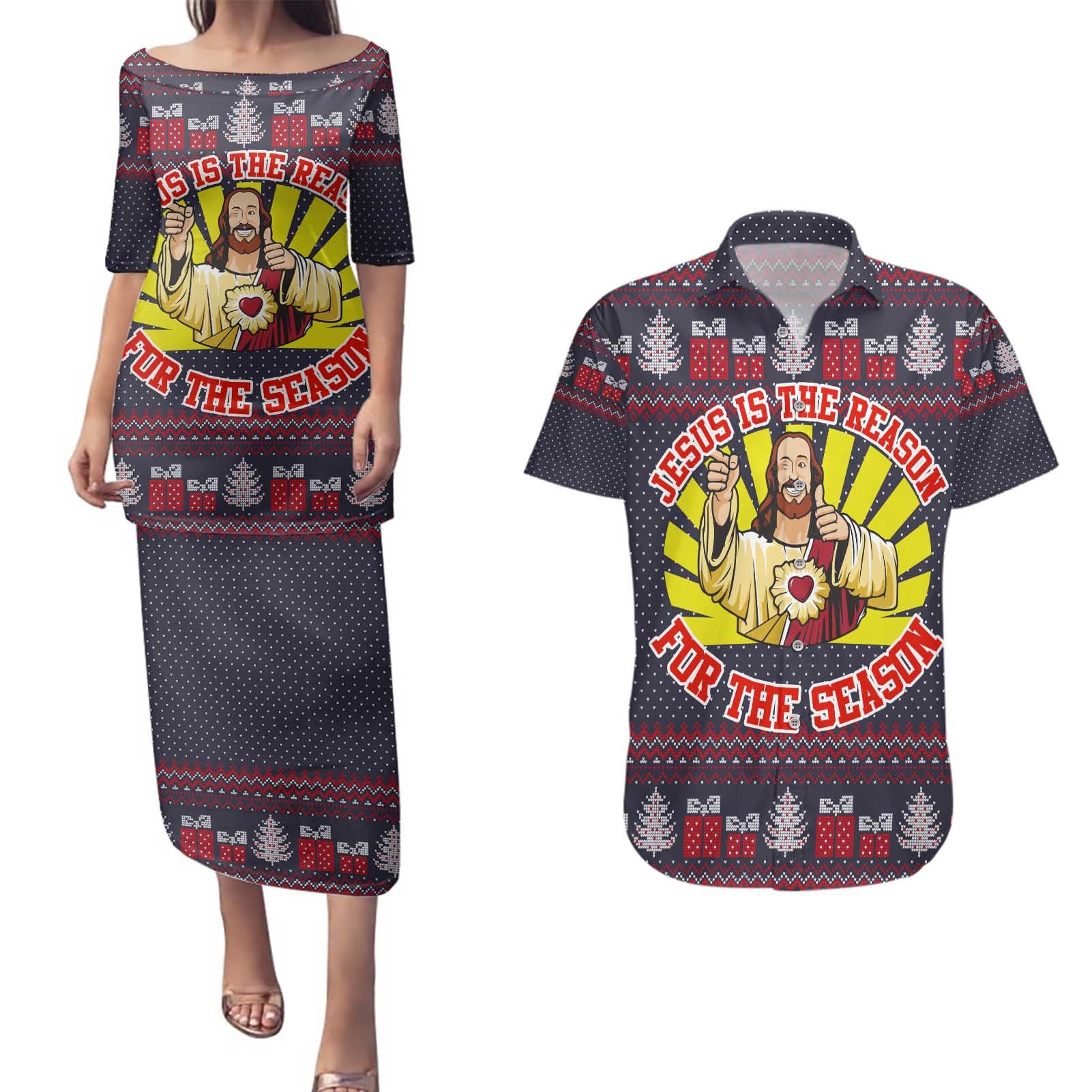 Jesus Is The Reason For The Season Christmas Couples Matching Puletasi and Hawaiian Shirt Funny Xmas Holiday Patterns - Wonder Print Shop