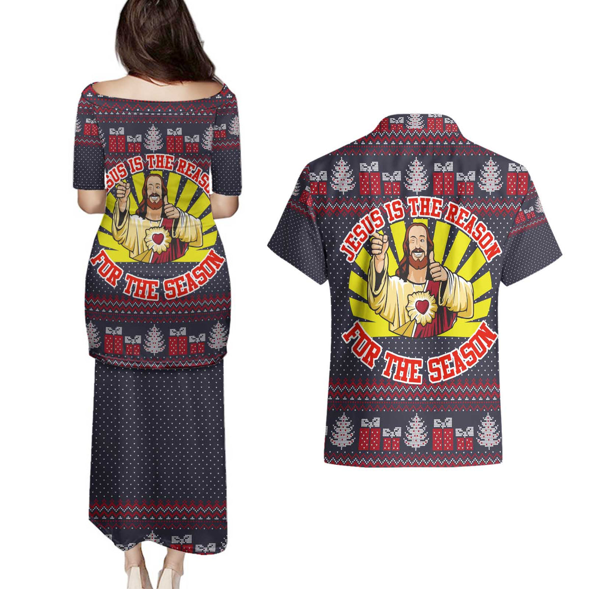 Jesus Is The Reason For The Season Christmas Couples Matching Puletasi and Hawaiian Shirt Funny Xmas Holiday Patterns - Wonder Print Shop
