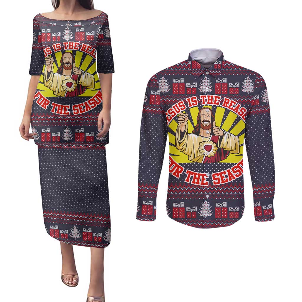 Jesus Is The Reason For The Season Christmas Couples Matching Puletasi and Long Sleeve Button Shirt Funny Xmas Holiday Patterns - Wonder Print Shop