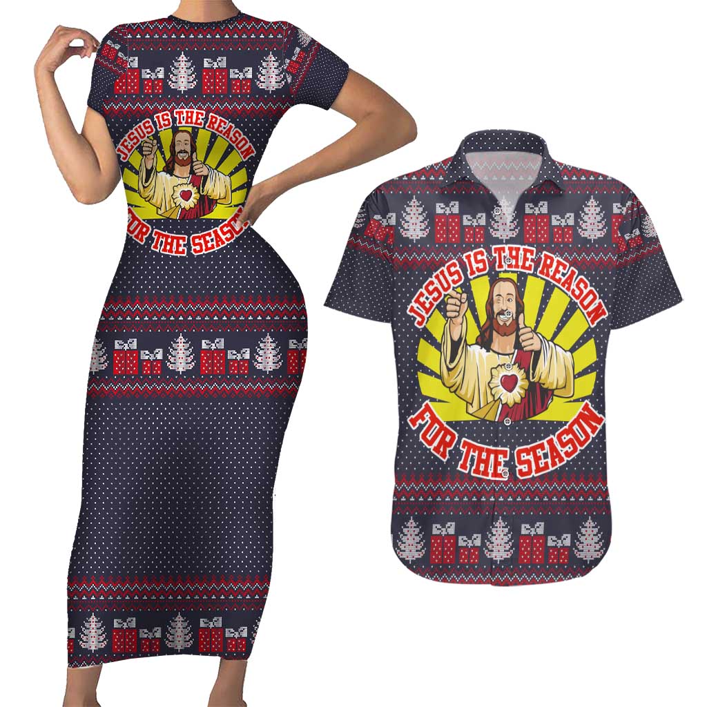 Jesus Is The Reason For The Season Christmas Couples Matching Short Sleeve Bodycon Dress and Hawaiian Shirt Funny Xmas Holiday Patterns - Wonder Print Shop