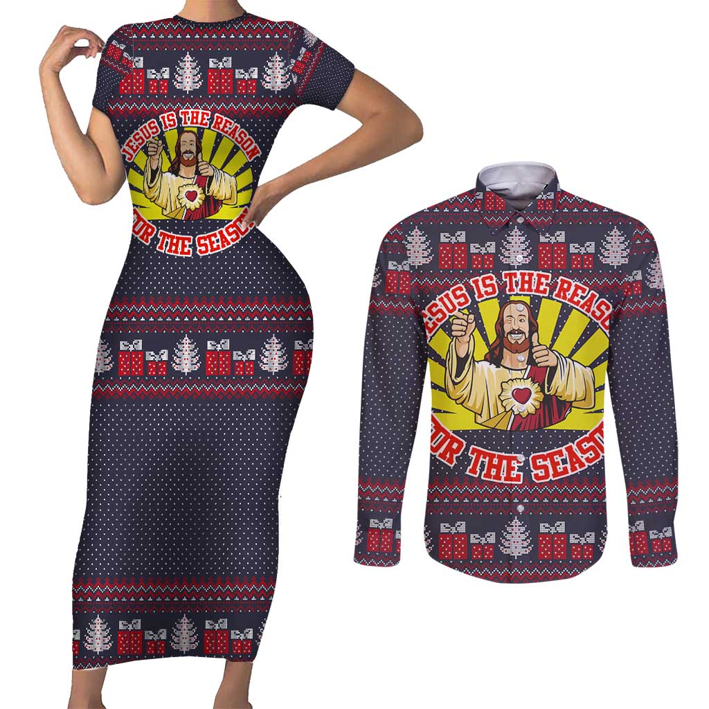 Jesus Is The Reason For The Season Christmas Couples Matching Short Sleeve Bodycon Dress and Long Sleeve Button Shirt Funny Xmas Holiday Patterns - Wonder Print Shop