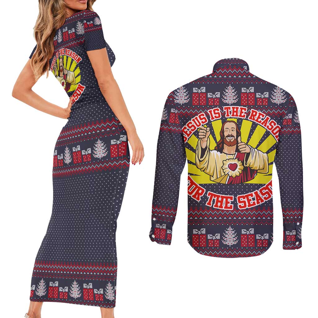 Jesus Is The Reason For The Season Christmas Couples Matching Short Sleeve Bodycon Dress and Long Sleeve Button Shirt Funny Xmas Holiday Patterns - Wonder Print Shop