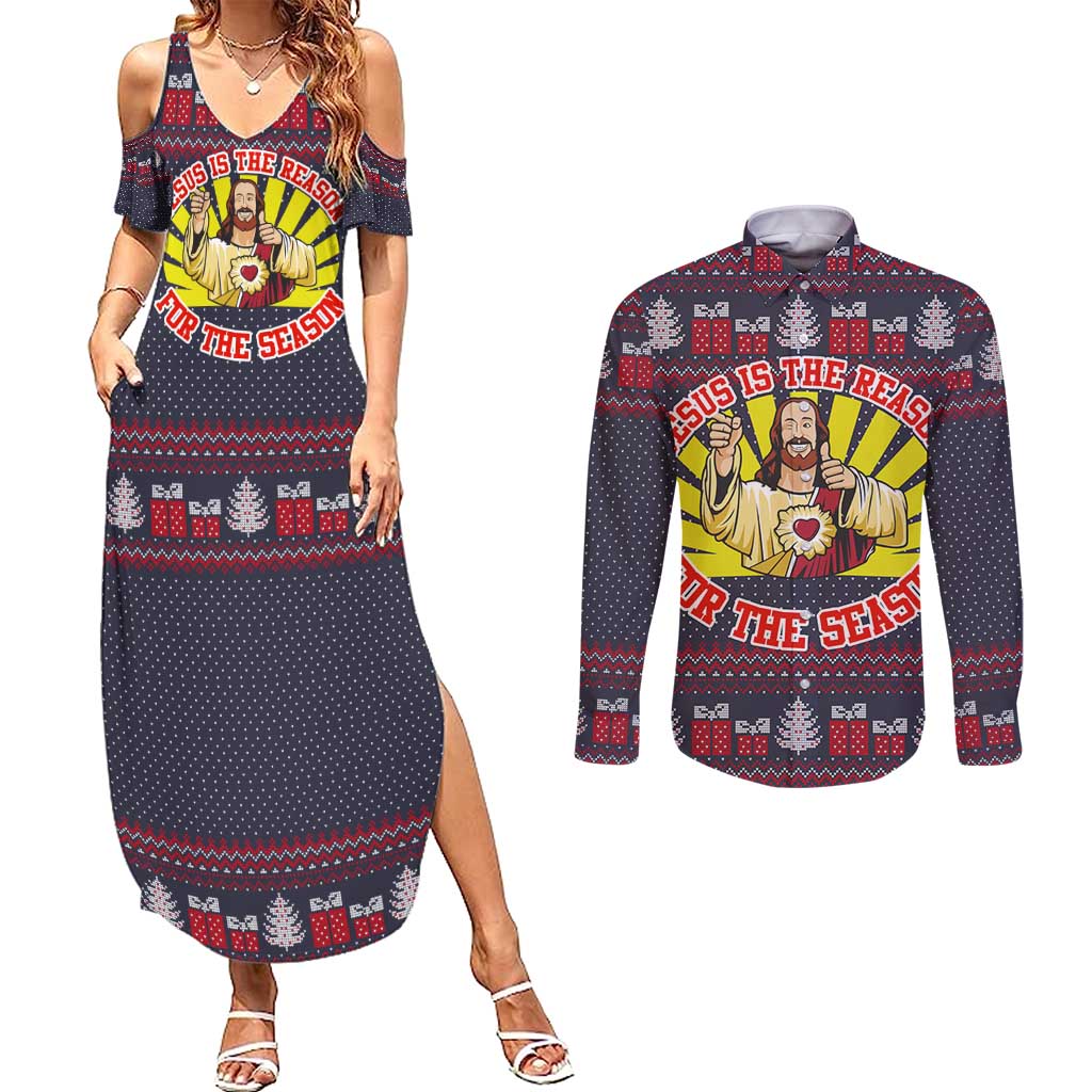 Jesus Is The Reason For The Season Christmas Couples Matching Summer Maxi Dress and Long Sleeve Button Shirt Funny Xmas Holiday Patterns - Wonder Print Shop