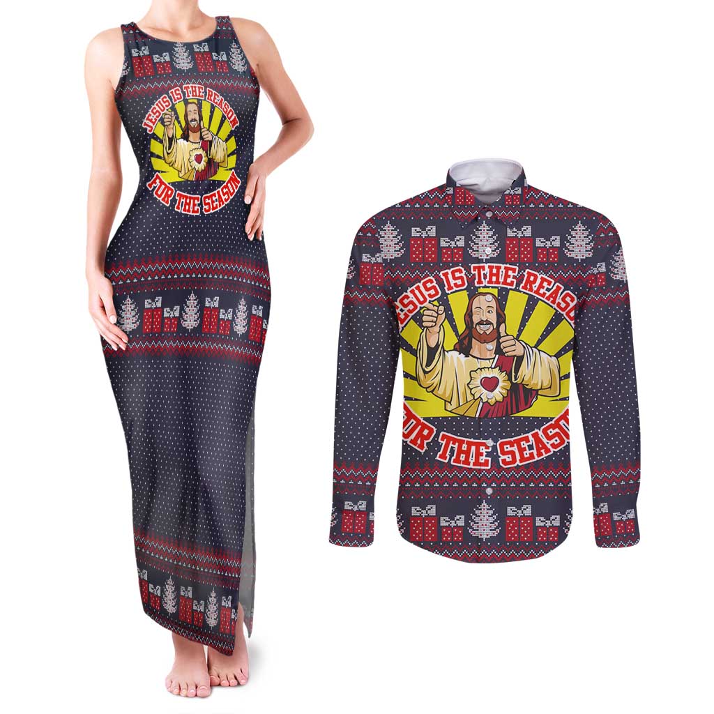 Jesus Is The Reason For The Season Christmas Couples Matching Tank Maxi Dress and Long Sleeve Button Shirt Funny Xmas Holiday Patterns - Wonder Print Shop
