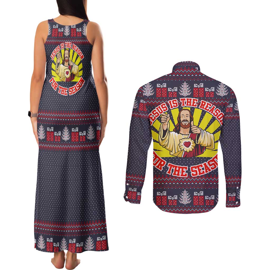 Jesus Is The Reason For The Season Christmas Couples Matching Tank Maxi Dress and Long Sleeve Button Shirt Funny Xmas Holiday Patterns - Wonder Print Shop