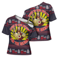 Jesus Is The Reason For The Season Christmas Cross Shoulder Shirt Funny Xmas Holiday Patterns - Wonder Print Shop