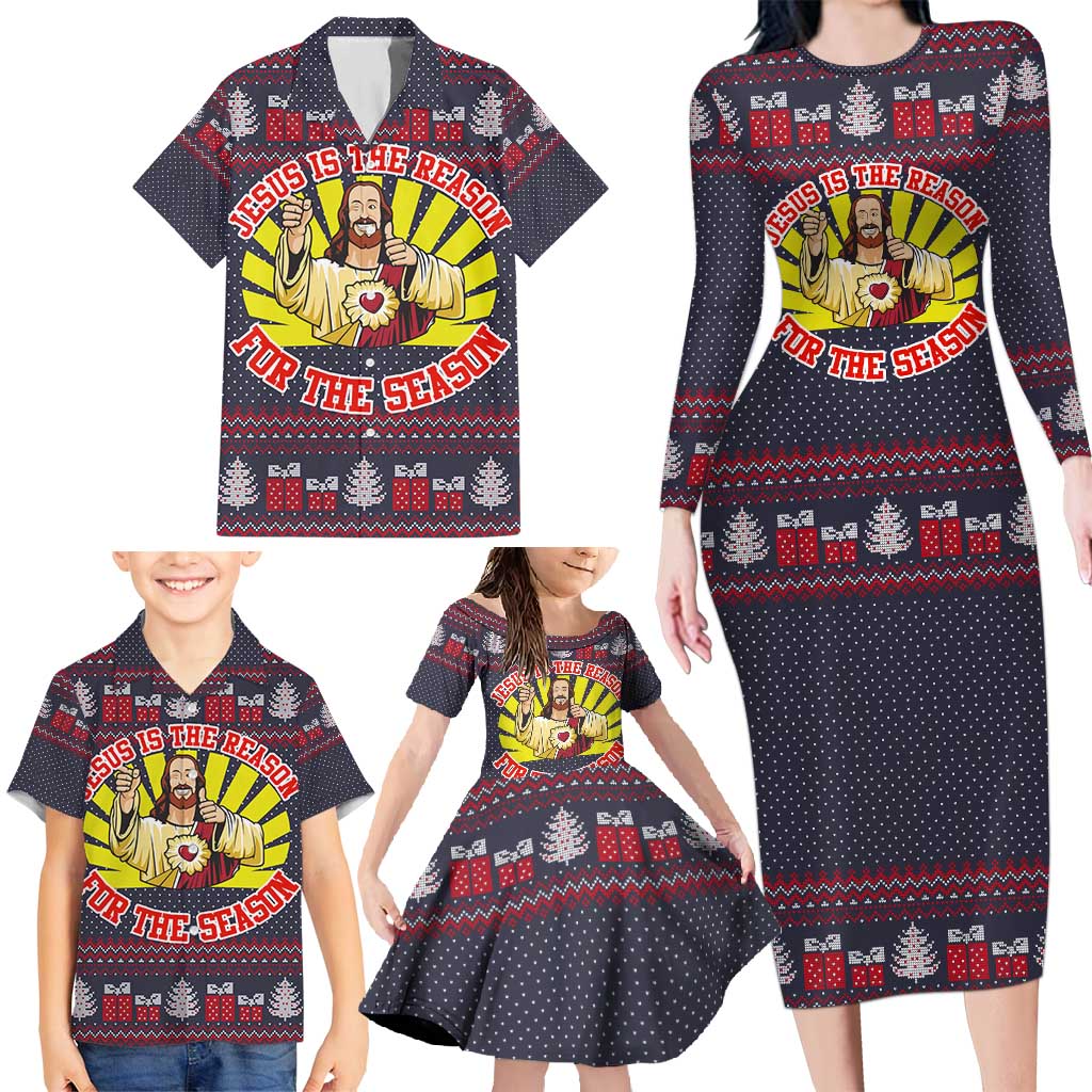 Jesus Is The Reason For The Season Christmas Family Matching Long Sleeve Bodycon Dress and Hawaiian Shirt Funny Xmas Holiday Patterns - Wonder Print Shop