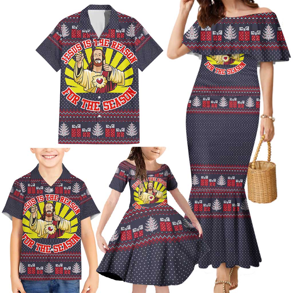 Jesus Is The Reason For The Season Christmas Family Matching Mermaid Dress and Hawaiian Shirt Funny Xmas Holiday Patterns - Wonder Print Shop
