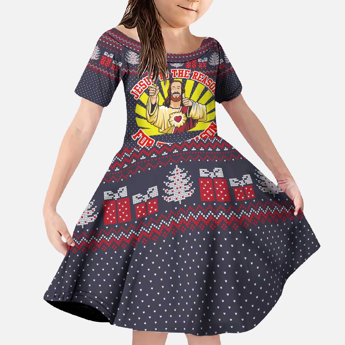 Jesus Is The Reason For The Season Christmas Family Matching Off The Shoulder Long Sleeve Dress and Hawaiian Shirt Funny Xmas Holiday Patterns - Wonder Print Shop