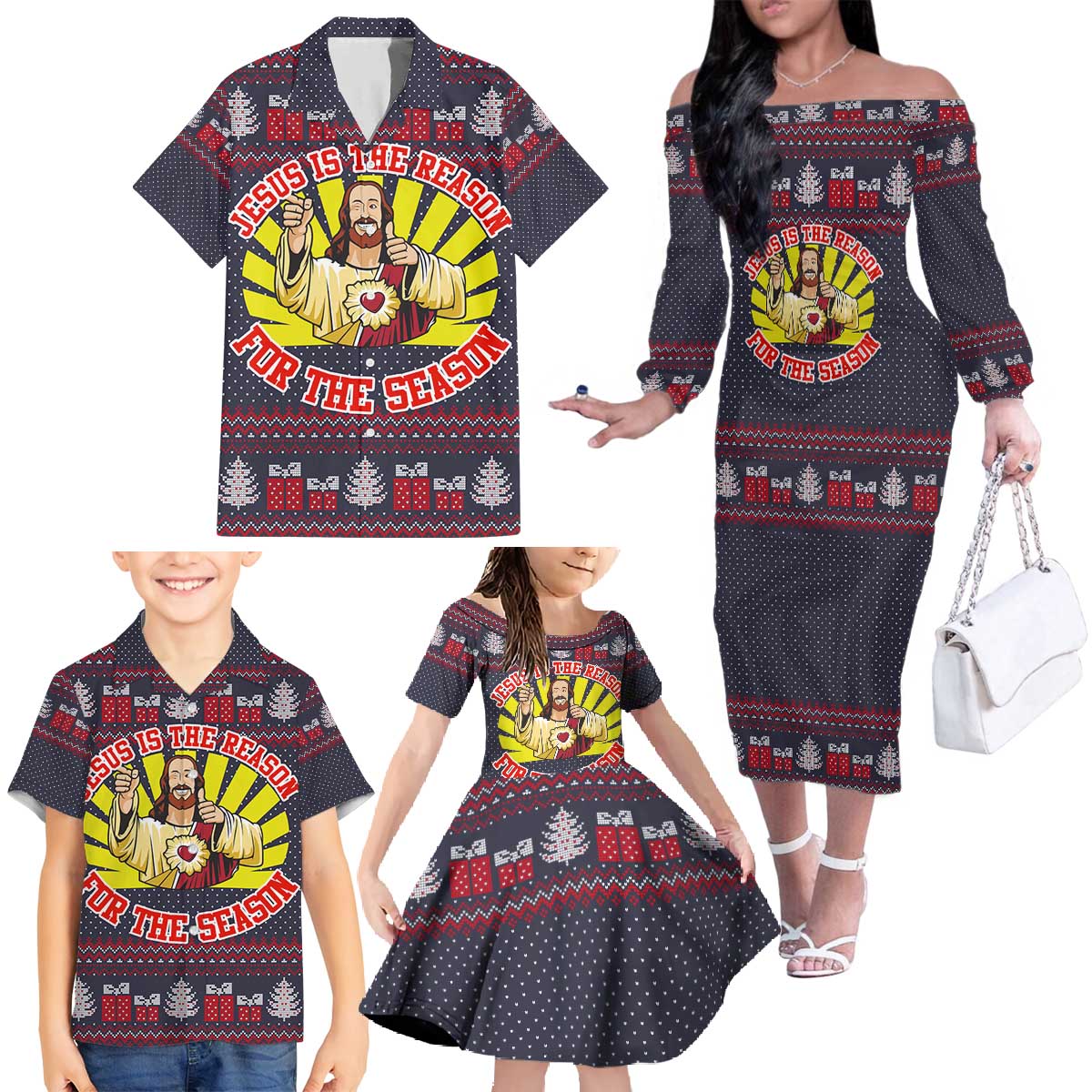 Jesus Is The Reason For The Season Christmas Family Matching Off The Shoulder Long Sleeve Dress and Hawaiian Shirt Funny Xmas Holiday Patterns - Wonder Print Shop