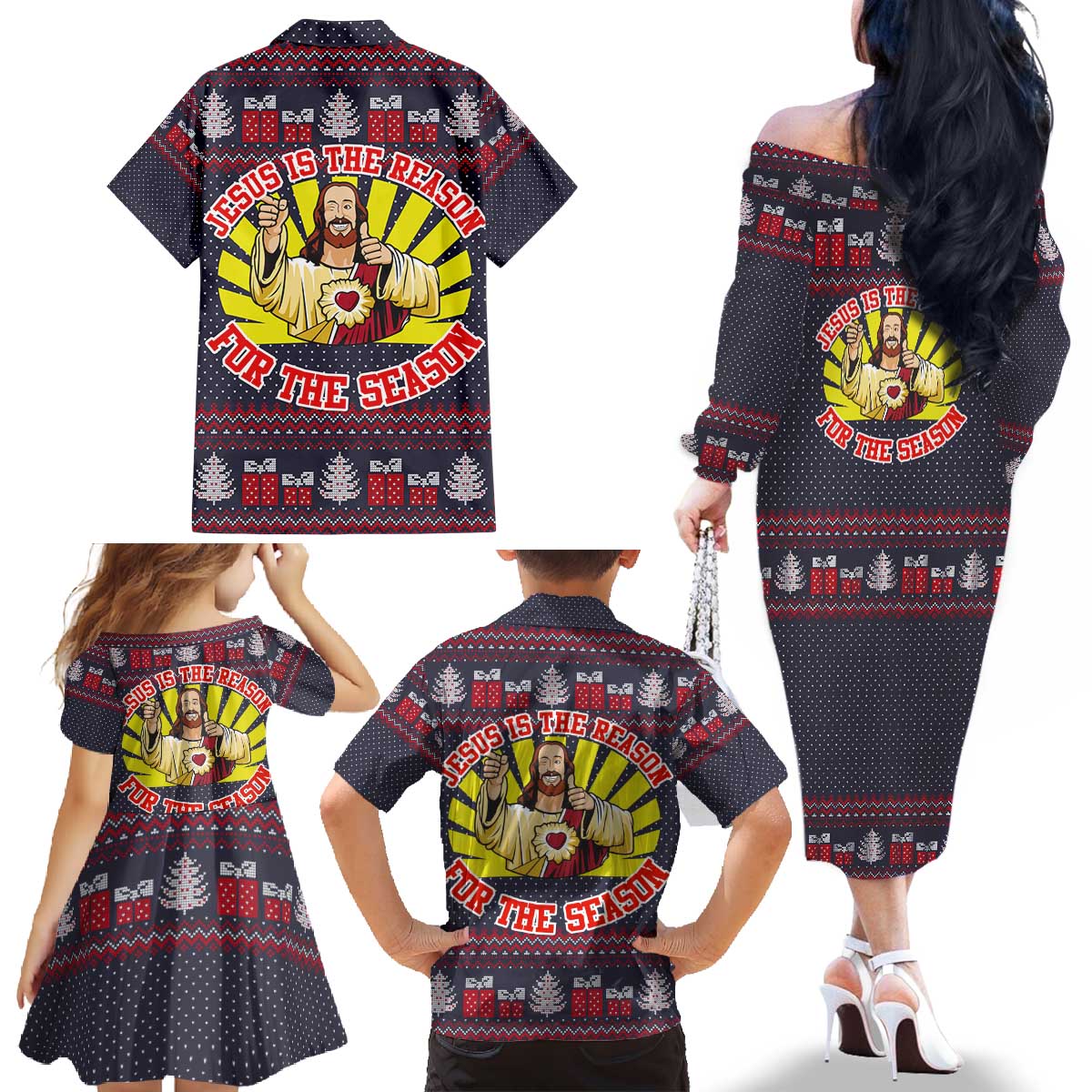 Jesus Is The Reason For The Season Christmas Family Matching Off The Shoulder Long Sleeve Dress and Hawaiian Shirt Funny Xmas Holiday Patterns - Wonder Print Shop