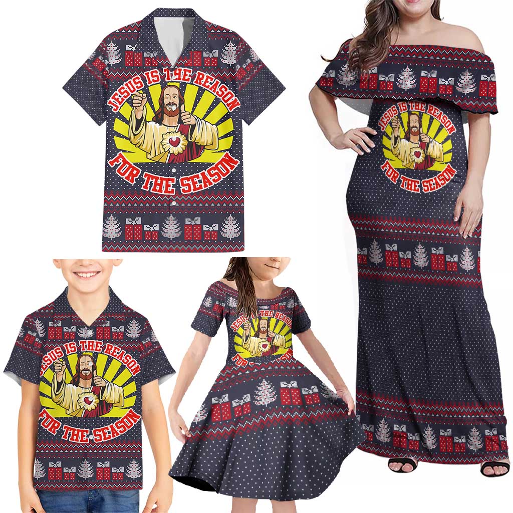 Jesus Is The Reason For The Season Christmas Family Matching Off Shoulder Maxi Dress and Hawaiian Shirt Funny Xmas Holiday Patterns - Wonder Print Shop