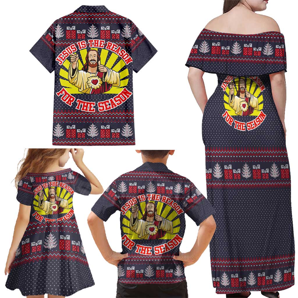 Jesus Is The Reason For The Season Christmas Family Matching Off Shoulder Maxi Dress and Hawaiian Shirt Funny Xmas Holiday Patterns - Wonder Print Shop