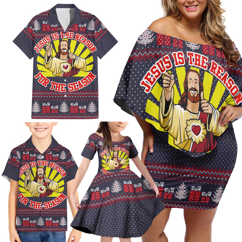 Jesus Is The Reason For The Season Christmas Family Matching Off Shoulder Short Dress and Hawaiian Shirt Funny Xmas Holiday Patterns - Wonder Print Shop