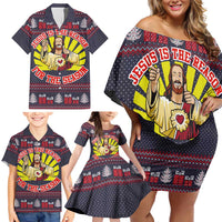 Jesus Is The Reason For The Season Christmas Family Matching Off Shoulder Short Dress and Hawaiian Shirt Funny Xmas Holiday Patterns - Wonder Print Shop