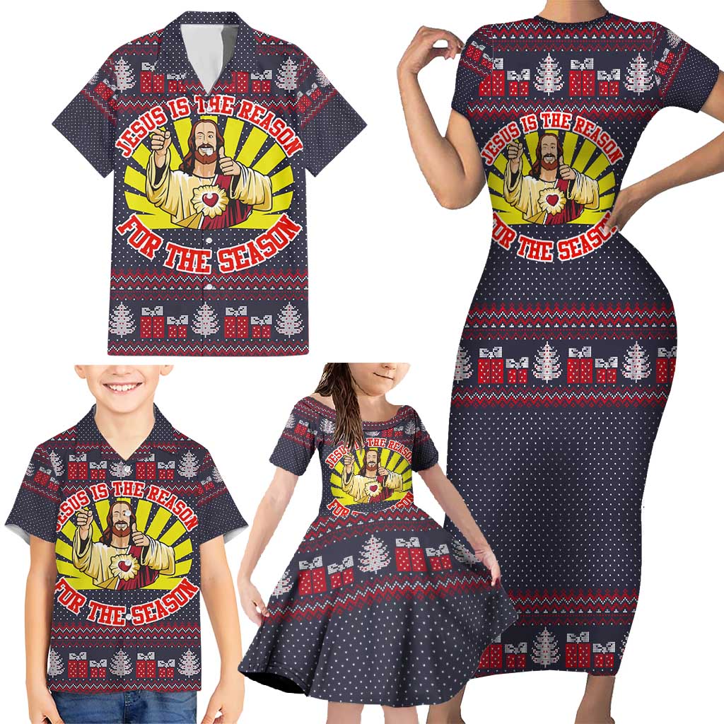 Jesus Is The Reason For The Season Christmas Family Matching Short Sleeve Bodycon Dress and Hawaiian Shirt Funny Xmas Holiday Patterns - Wonder Print Shop