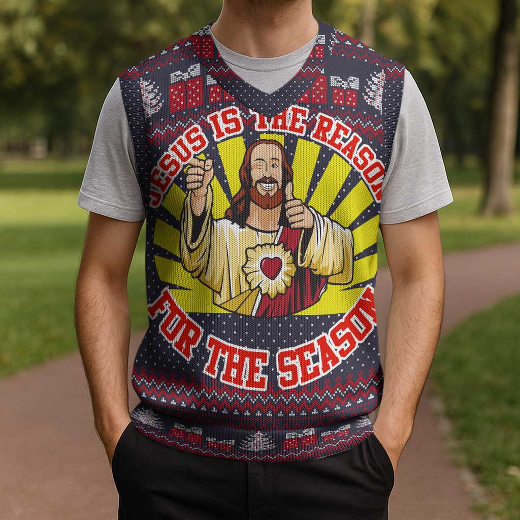 Jesus Is The Reason For The Season Christmas Knitted V-Neck Vest Funny Xmas Holiday Patterns - Wonder Print Shop