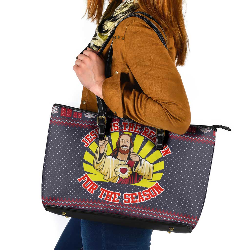 Jesus Is The Reason For The Season Christmas Leather Tote Bag Funny Xmas Holiday Patterns - Wonder Print Shop