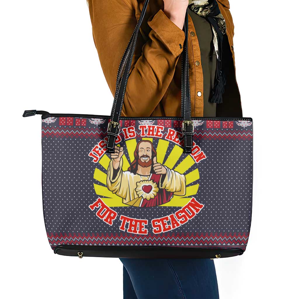 Jesus Is The Reason For The Season Christmas Leather Tote Bag Funny Xmas Holiday Patterns - Wonder Print Shop
