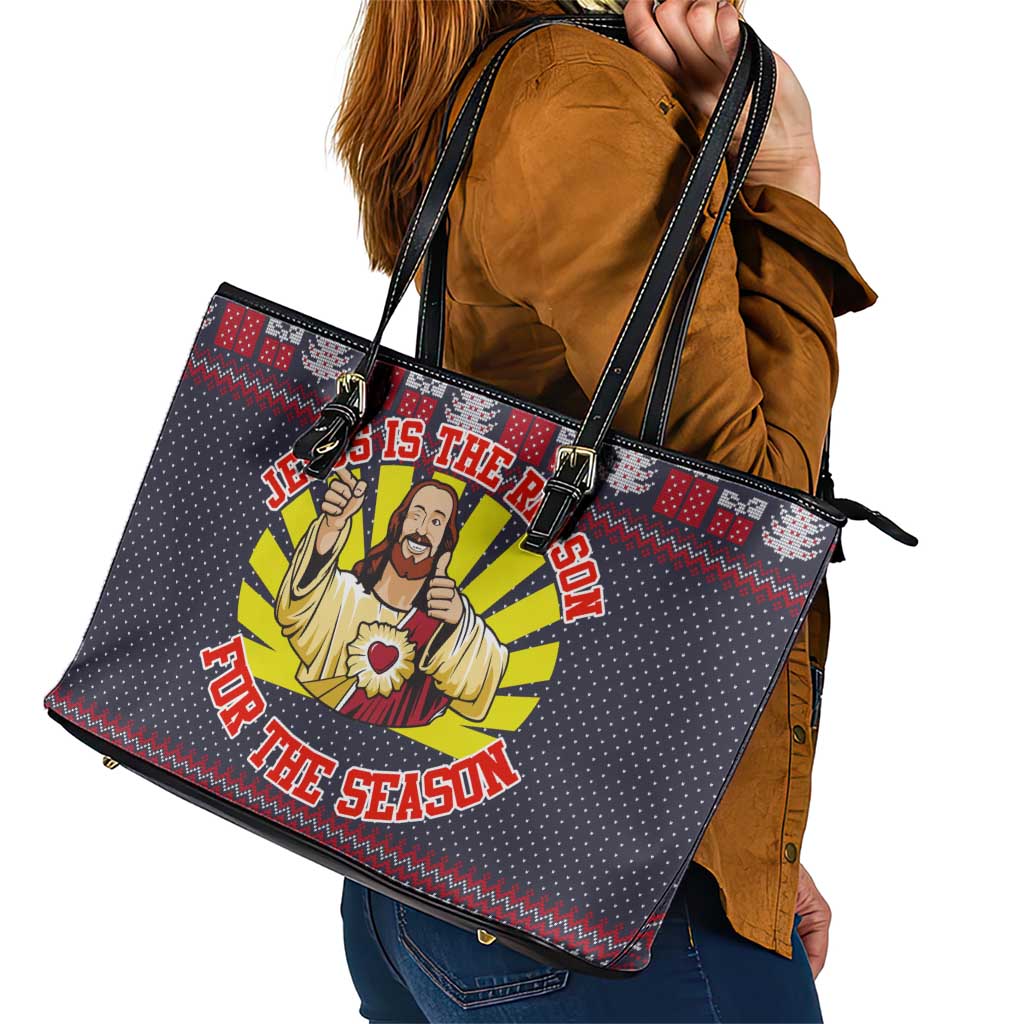 Jesus Is The Reason For The Season Christmas Leather Tote Bag Funny Xmas Holiday Patterns - Wonder Print Shop