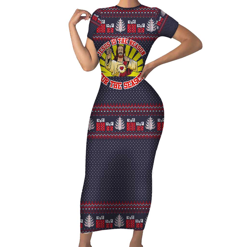 Jesus Is The Reason For The Season Christmas Short Sleeve Bodycon Dress Funny Xmas Holiday Patterns - Wonder Print Shop